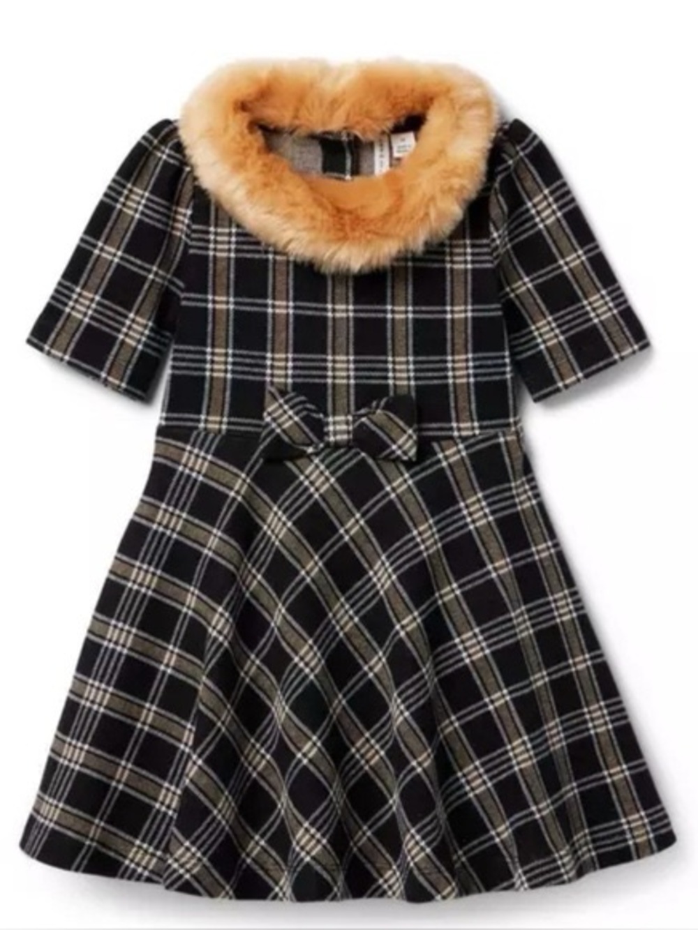 Janie and Jack Black Plaid Dress with Tan Faux Fur Collar